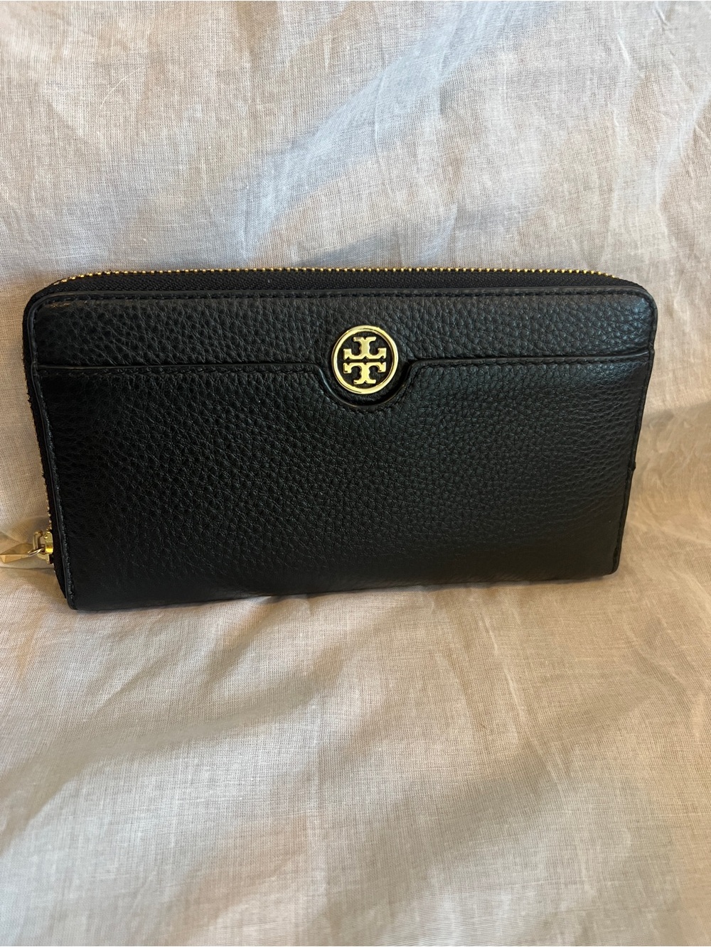 Tory Burch Black Pebbled Leather Zip-Around Wallet with Gold Emblem